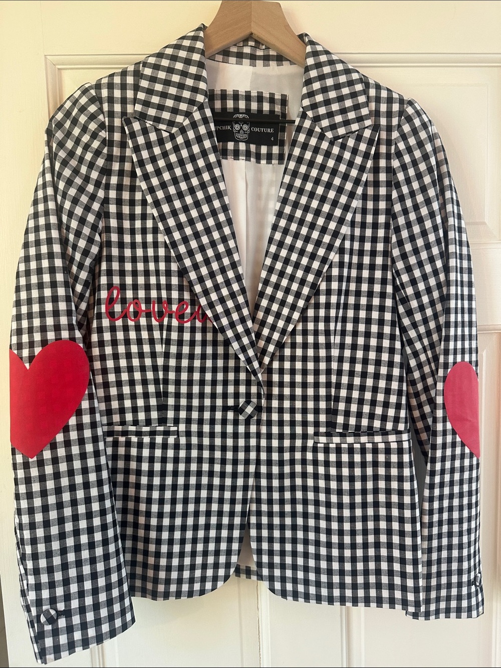 Hipchik Coutoure. Black & White Gingham Blazer with Red ❤️ Elbow Patches. 4